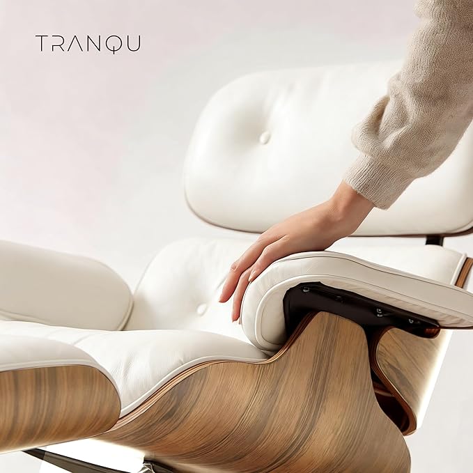Mid-Century Genuine Top Grain Leather Chaise Lounge Chair & Ottoman, Solid Oak Wood Base, Classic Modern Armchair for Living Room
