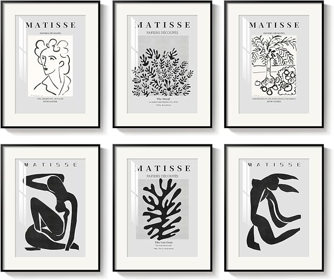 Framed Matisse Wall Art for Living Room, Set of 6 Modern Black and White Minimalist Botanical Body Line Prints for Walls, Abstract Aesthetic Pictures for Bedroom, Bathroom, Dining Room Decor, 11x14