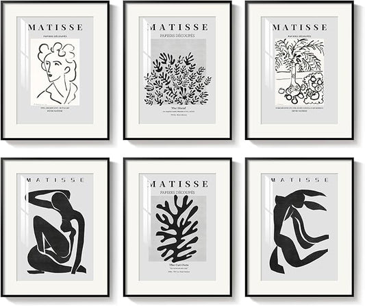 Framed Matisse Wall Art for Living Room, Set of 6 Modern Black and White Minimalist Botanical Body Line Prints for Walls, Abstract Aesthetic Pictures for Bedroom, Bathroom, Dining Room Decor, 11x14