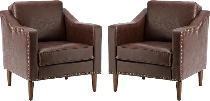 HULALA HOME Faux Leather Accent Armchairs Set of 2 with Back & Seat Cushions, Traditional Club Chairs with Nailhead Trim, Comfy Upholstered Sofa Chairs for Living Room Bedroom, Brown