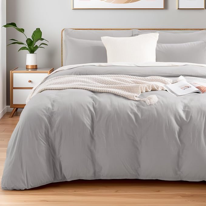 NEXHOME PRO Duvet Cover Set California King Linen Look Textured Organic Natural 100% Washed Cotton Duvet Cover 3 Pieces Bedding Set with Zipper Closure, Breathable, Soft, Light Grey (No Comforter)