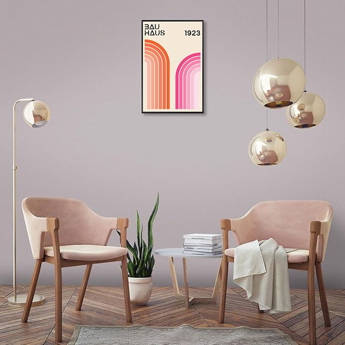 Bau Haus 1923 Retro Geometric Framed Poster Bold Orange And Pink Curved Arcs Canvas Wall Art Minimalist Typography Prints Painting For Home Bedroom Dorm Wall Decor 8x10in Framed