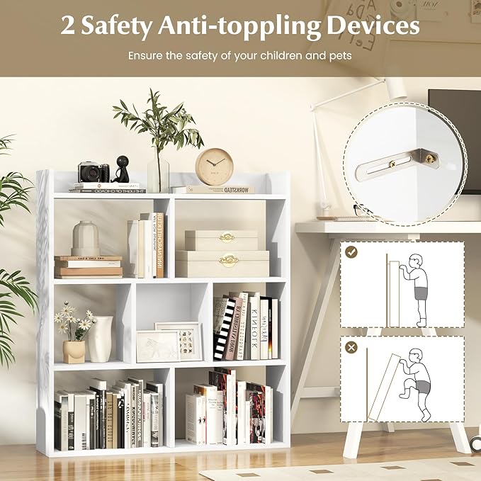 Giantex 7 Cube Bookshelf, Free-Standing Wooden Bookcase, 4 Tier Home Display Shelf, Horizontal Storage Unit w/Anti-Toppling Devices, Open-Back Display Rack for Study, Office, Living Room, White