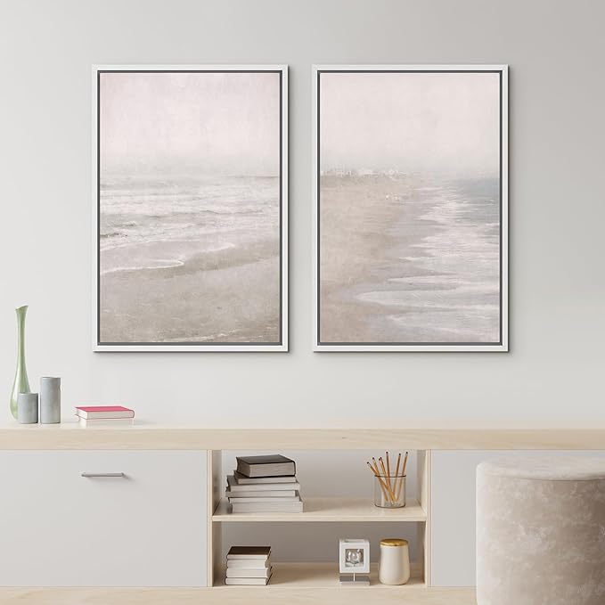 IDEA4WALL Framed Canvas Print Wall Art Set Abstract Beach Shore Ocean Wave Landscape Nature Wilderness Illustrations Modern Art Decorative Coastal Cottage Seascape for Bedroom - 16"x24"x2 White