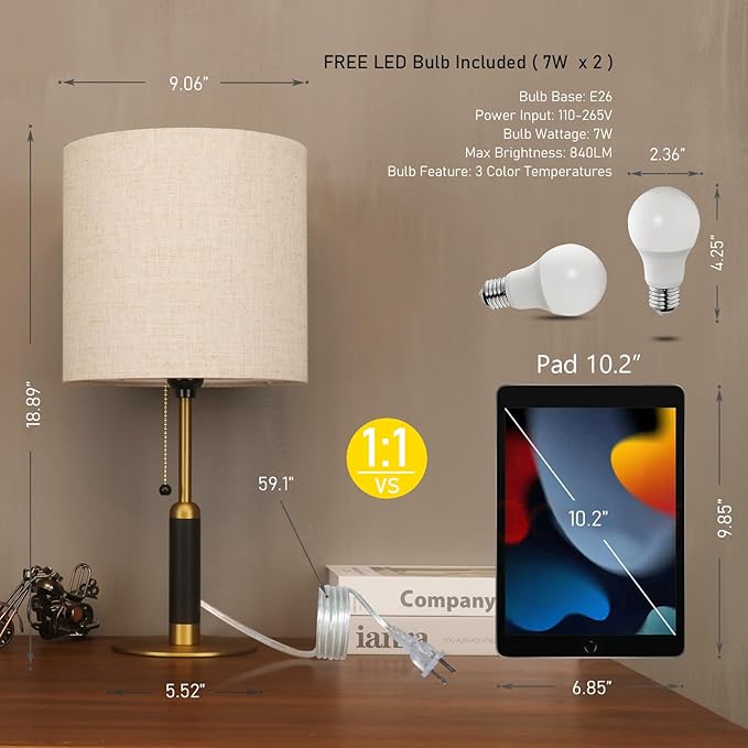 18.9" Set 2 Mid Century Bedside Table Lamp for Nightstand with Pull Chain, Lamp for Bedroom, Living Room, Solid Wood/Metal/Fabric Small Lamps for Home Office Room Decor (Light Brown+Brass)