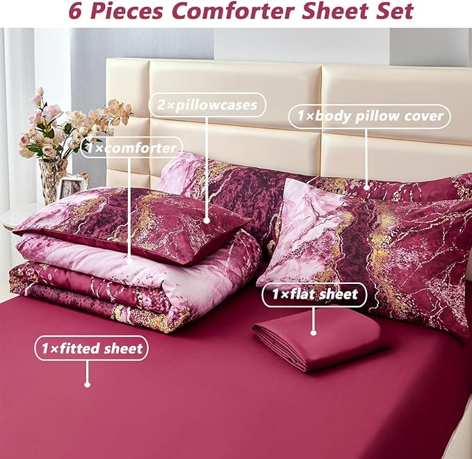 PERFEMET 6 Pcs Full Comforter Sets Burgundy Watercolor Marble Bed in A Bag Comforter Set Soft Lightweight Dark Red and Gold Bedding Quilt Set(Burgundy, Full)