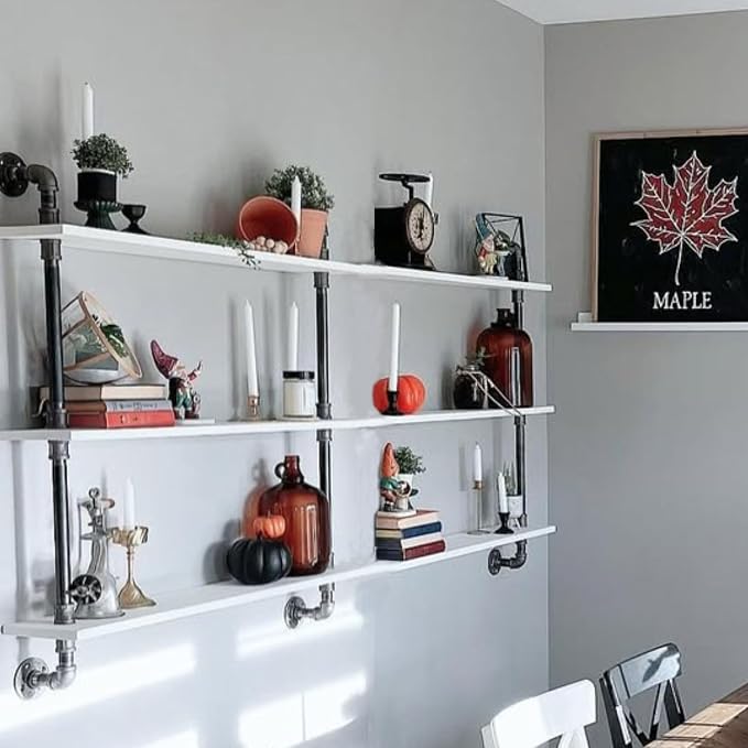 HDDFER Industrial Pipe Shelving Rustic White Pipe Wall Shelves Industrial Shelves with Wood Planks Floating Shelves 60 Inch Farmhouse Bathroom,Kitchen Shelving Wall Mounted
