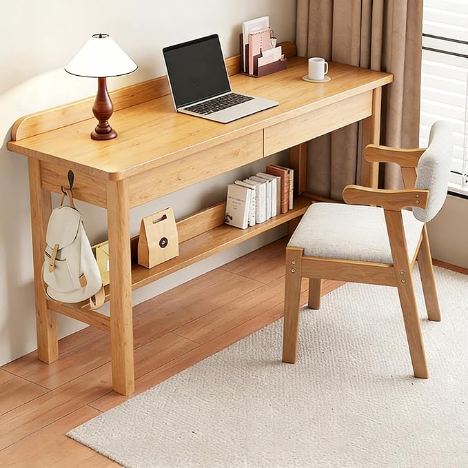 Solid Wood Desk with 2 Drawers, Vintage Narrow Computer Desk with Storage Shelf, Mid Century Modern Desk, Small Writing Desk for Bedroom(39.3" W, Natural)