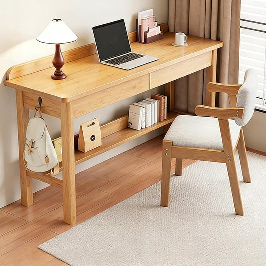 Solid Wood Desk with 2 Drawers, Vintage Narrow Computer Desk with Storage Shelf, Mid Century Modern Desk, Small Writing Desk for Bedroom(47.2" W, Natural)
