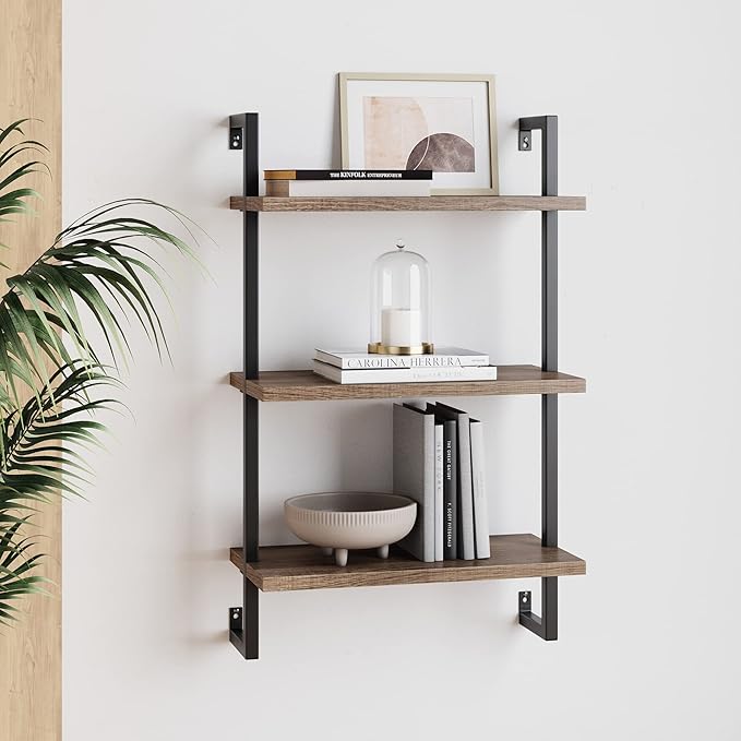 Nathan James Theo Industrial Pipe 3-Shelf & 5-Shelf Ladder Bookshelves, Rustic Oak/Matte Black and Brown Walnut/Black