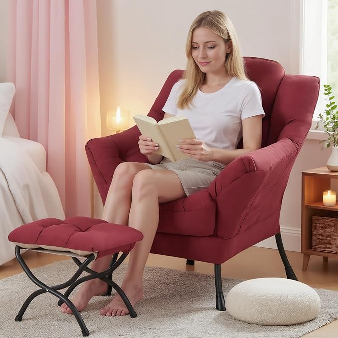 Tiita Lazy Chair with Ottoman, Red Modern Large Accent Chair, Comfy Leisure Sofa Armchair with Ottoman, Reading Chair with Footrest for Bedroom, Living Room, Dorm Rooms, Wine red