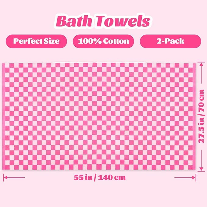 Jacquotha Hot-Pink Checkered Cotton Bath Towels Set of 2 - Cute Aesthetic Bathroom Towels for Women Girls Teens, Bathroom Decor 27.5" x 55"