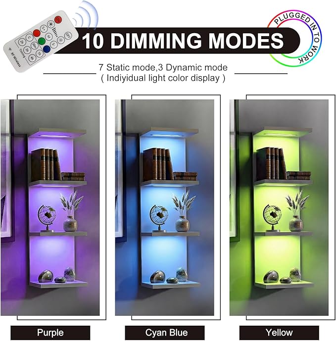 4-Tier Wall Shelf Unit with RGB Lights, Floating Lack Shelf for Home Decor, Wall Mounted Vertical Display Shelf for Bedroom Living Room Vanity, White