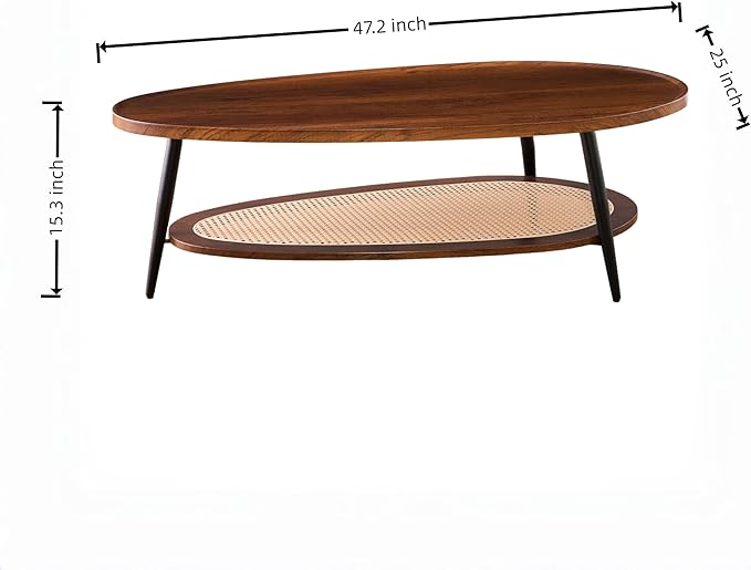 Shrine Oval Wood and Rattan Coffee Table, Mid-Century Modern Coffee Table, Two-Tier Brown Walnut Table for Living Room, D47.2''x W25''x H15.3'', Walnut Wood Top and Woven Rattan Base