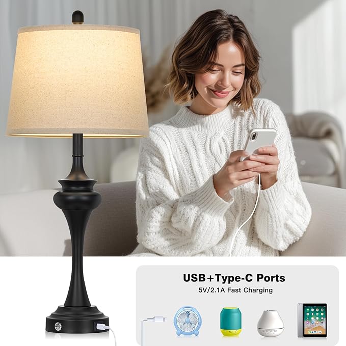 Rinweey 30" Black Tall Table Lamps for Living Room, Touch Control Bedside Lamp with USB A+C Ports, 3-Way Modern Bedroom Table Lamps Set of 2, Elegant Metal Lamp for Nightstand Desk Side Table Office