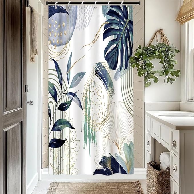 Mid Century Boho Shower Curtain Dark Green and Blue Palm Leaf Abstract Minimalist Aesthetic Bathroom Decor Watercolor Plant Bathtub Curtains Washable Waterproof Polyester Fabric with Hooks 36x72 Inch