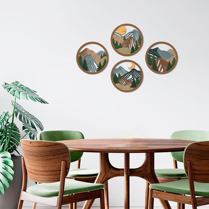TOARTi 4Pcs Boho Mountain Wooden Wall Art,Abstract Sun Moon Pine Tree Wall Decor,Natural Mountain Landscape Artwork,Minimalist Geometric Forest Hanging Sign for Farmhouse Living Room Bedroom Office