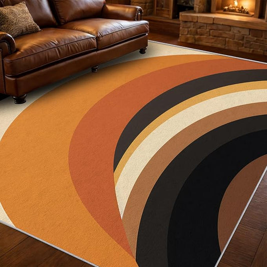 Mid Century Modern Area Rug 7x8, Washable Non-Slip Low Pile Retro Rainbow Rug for Living Room Bedroom Home Office, Abstract Boho Carpet in Terracotta Camel Cream and Black