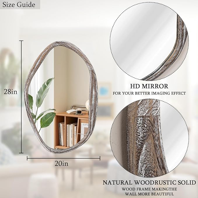 JJUUYOU Asymmetrical Mirrors Large Irregular Bathroom Wall Mirror 28"x20" Large Wooden Frame Modern Mirror Wall Mirror for Makeup Bathroom Living Room,Brown