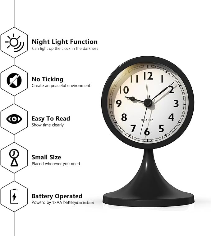 AYRELY® 3" Cute Analog Alarm Clock,Small Retro Table Clock Battery Operated,Slient Metal Desk Clock with Light for Living Room Decor,Bedroom,Bedside,Shelf (Black)
