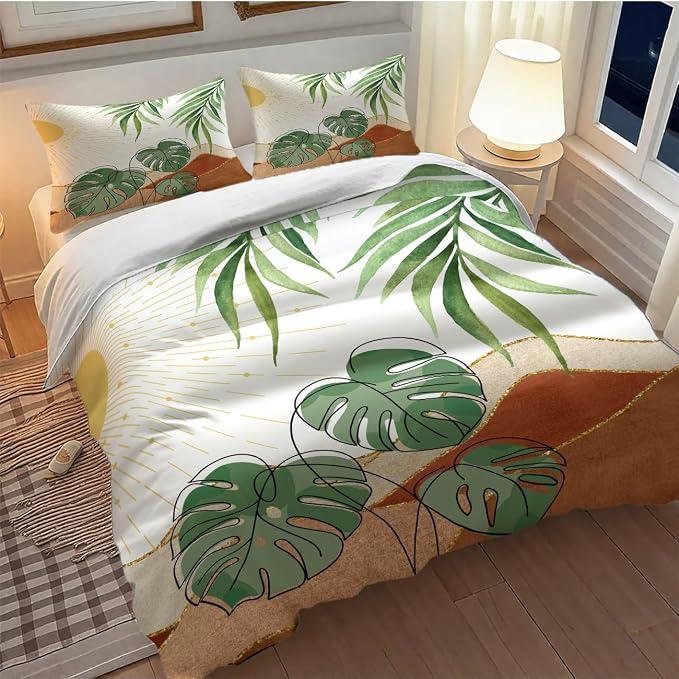 Boho Sunrise Bedding Set,Mid Century Aesthetic Tropical Palm Leaves Abstract Minimalist Comforter Set with Pillowcase for Bedroom Bed Decor,King 102"x90"