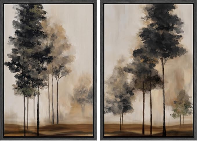 IDEA4WALL Framed Canvas Print Wall Art Set Misty Forest Tree Landscape Neutral Brown and Black Illustrations Modern Art Decorative Calm/Zen for Living Room, Bedroom, Office - 24"x36"x2 Black