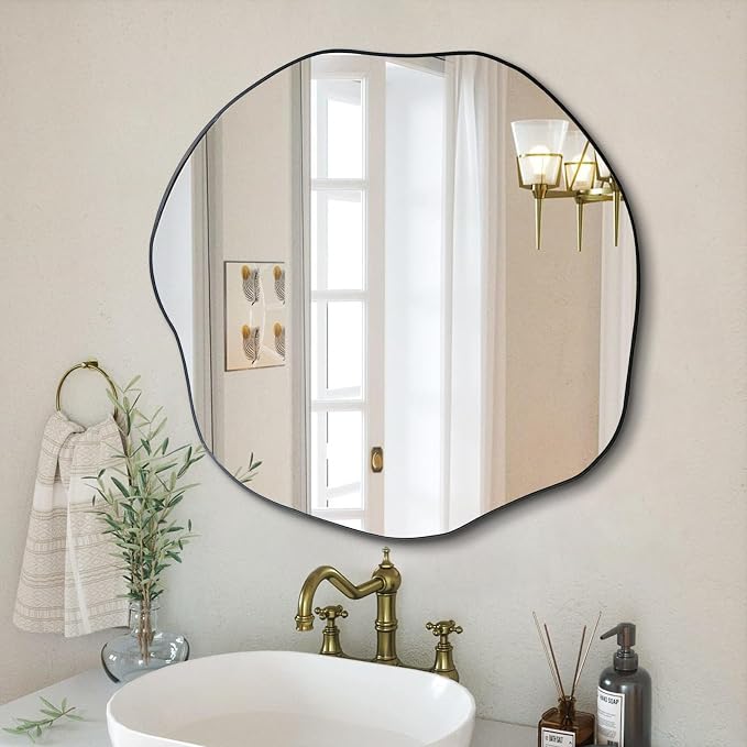 POZINO Scalloped Irregular Mirror, 30" Asymmetrical Decorative Accent Mirror for Wall, Black Wavy Rounded Frameless Mirrors for Entryway Fireplace Living Room Bedroom, Horizontal or Vertical Hanging