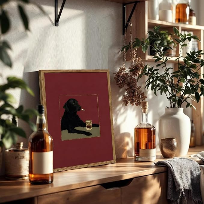 Funny Black Dog Wall Art Moody Black Labrador With Cigarette Wall Decor Picture Vintage Animal Bar Poster Canvas Painting Print for Living Room Bedroom 16x24 inch Wood Framed