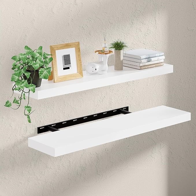 Heimlove 36 Inch Floating Shelves for Wall White Shelves Set of 2,Wall Mounted Rustic Wood 8 Inch Deep Floating Shelf with Invisible Brackets for Bedroom Kitchen Living Room