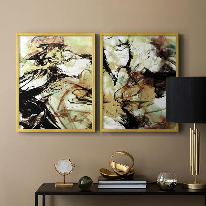 Renditions Gallery Set of 2 Peel & Stick Framed Prints, Abstract Wall Art, Vaping Smoke Design Wall Decor, Re-Stickable - Ready to Hang - 11"x14" - GOLD Frame LT588