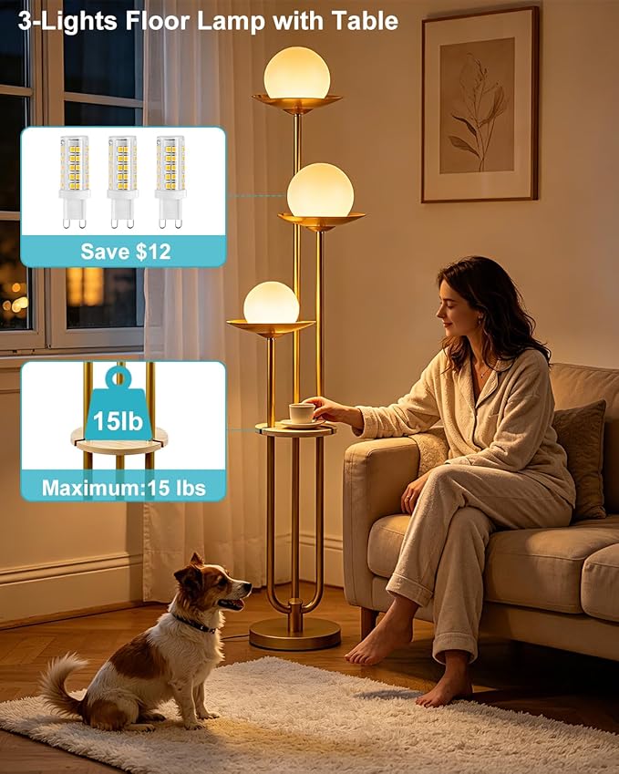 Lightdot Globe Floor Lamp with Shelf 3-Lights Modern Dimmable Floor Lamps for Wedding/Party, 3000K Warm White Bulbs Included, Gold Tall Standing Lamp for Living Room/Bedroom/Sofa Beside/Corner Decor