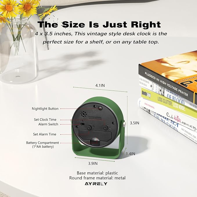 AYRELY® 3.5 Inch Small Analog Alarm Clocks,Battery Operated Desk Clock,Cute Table Clock with Light，Adjustable Angle for Travel,Bedside,Bedroom,Kids,Living Room Decor (Dark Green)
