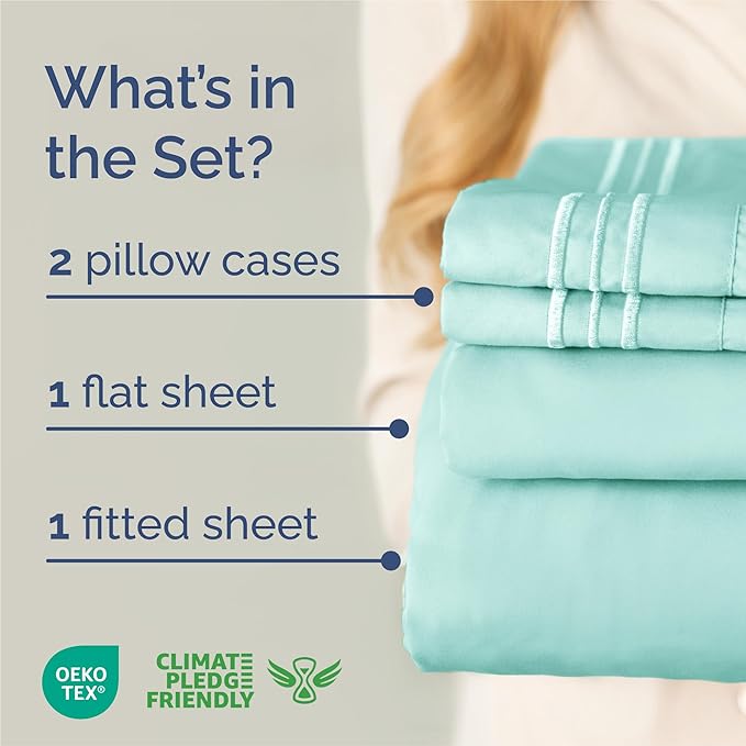 King Size 4 Piece Sheet Set - Comfy Breathable & Cooling Sheets - Hotel Luxury Bed Sheets for Women & Men - Deep Pockets, Easy-Fit, Extra Soft & Wrinkle Free Sheets - Spa Blue Oeko-Tex Bed Sheet Set