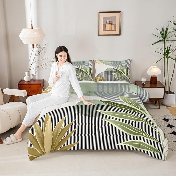Erosebridal Mid Century Boho Bedding Set Twin Size Modern Geometric Comforter Set,Minimalist Bedding Comforter Sets Abstract Retro Sun Aesthetic Arch Curve Leaves Quilt,Green Gold