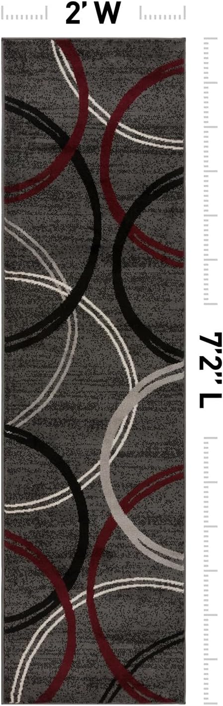 Rugshop Modern Wavy Circles Design Non-Shedding Runner Rug, Carpet for Hallway or Kitchen, Red, 2' x 7'2"