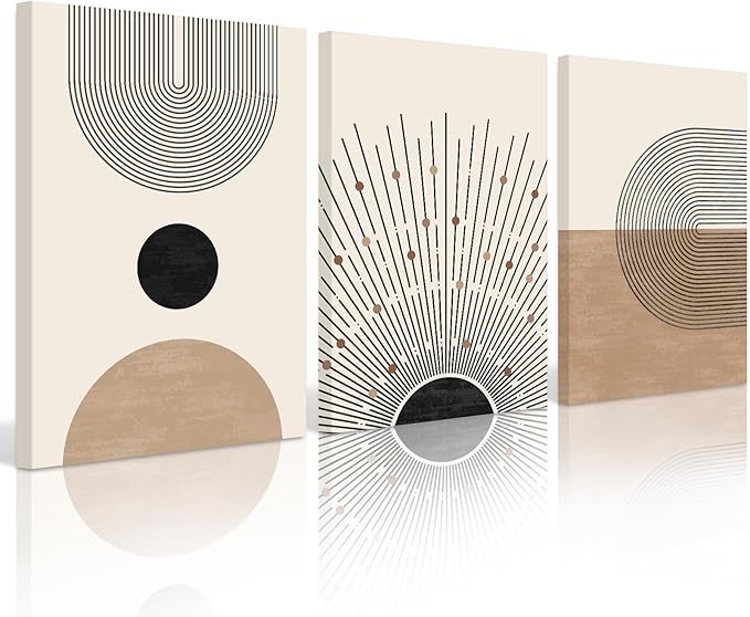Mid Century Modern Wall Art Set of 3 Neutral Boho Art Prints Abstract Geometric Wall Art Picture Black Beige Terracotta Minimalist Painting Canvas Artwork for Living Room Bedroom 16x24 Inch Wrapped Canvas