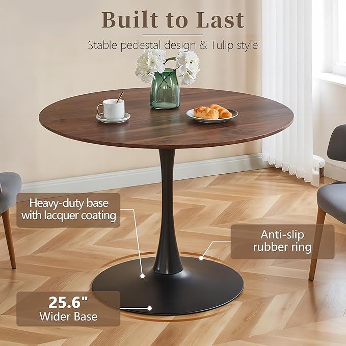 42 Inch Round Dining Table,Mid-Century Tulip Table with Metal Pedestal Base,Modern Leisure Table for Small Space Kitchen Dining Room,Easy Assembly,Walnut and Black