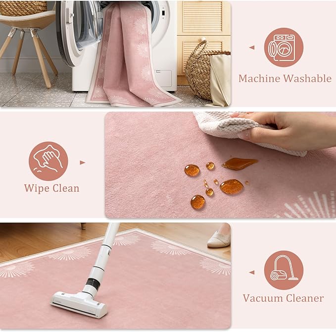 Hedlive Modern 5x7 Pink Area Rugs for Bedroom Girls, Ultra Thin Washable Nursery Rug for Kids Room, Soft Sun Print Toddler Room Rug,Boho Non Shedding Baby Carpets for Classroom Dorm Girls Decor