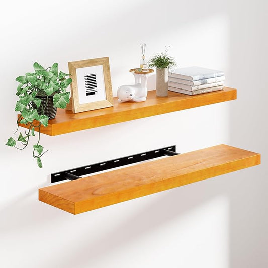 Heimlove 36 Inch Floating Shelves for Wall Brown Shelves Set of 2,Wall Mounted Rustic Wood 8 Inch Deep Floating Shelf with Invisible Brackets for Bedroom Kitchen Living Room