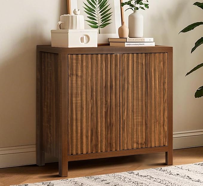 ZYBT Fluted Sideboard Buffet Cabinet, Mid Century Modern Accent Cabinet with 2 Doors and Adjustable Shelf, Storage Cupboard Credenza Console Table for Living Kitchen Dining Room Hallway