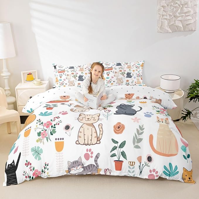 Erosebridal Cute Cat Duvet Cover Full Floral Cats Lovers Bedding Set Lovely Kitten Pet Animals Comforter Cover for Kids Girls Boys Adults Botanical Aesthetic Bed Set