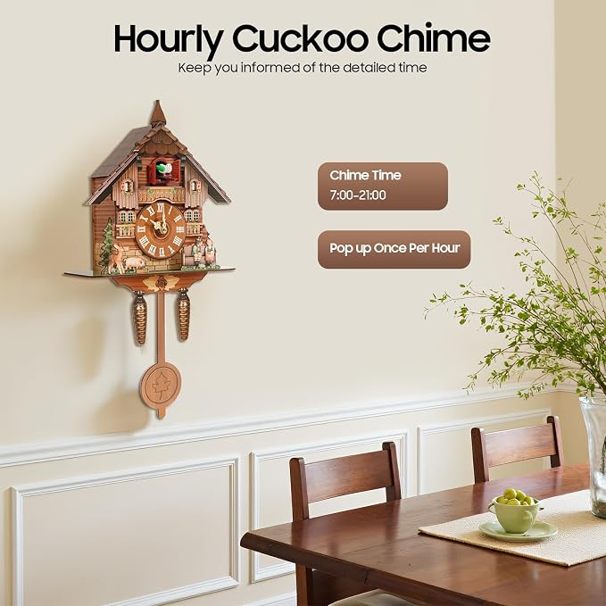 Cuckoo Clock, Retro Wooden Cuckoo Birdhouse Antique Wall Clock Forest Clock Home Decor Auto Swing with Singing Bird Vintage Chalet Design(No Battery) (Type B)