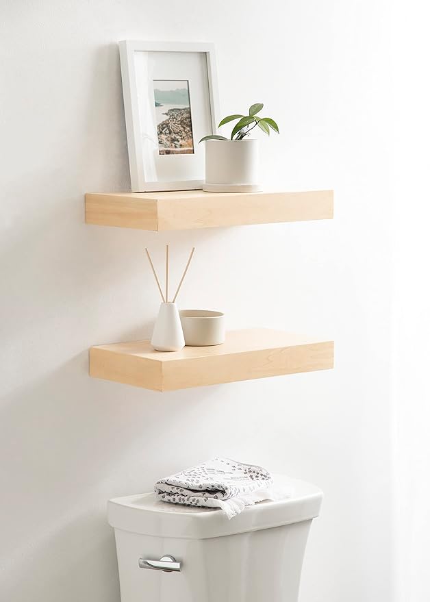 Kate and Laurel Havlock Modern Natural Floating Shelves; Set of 2; 18 x 8; Natural Wood; Mid-Century Bathroom and Kitchen Shelves for Storage and Display Decor