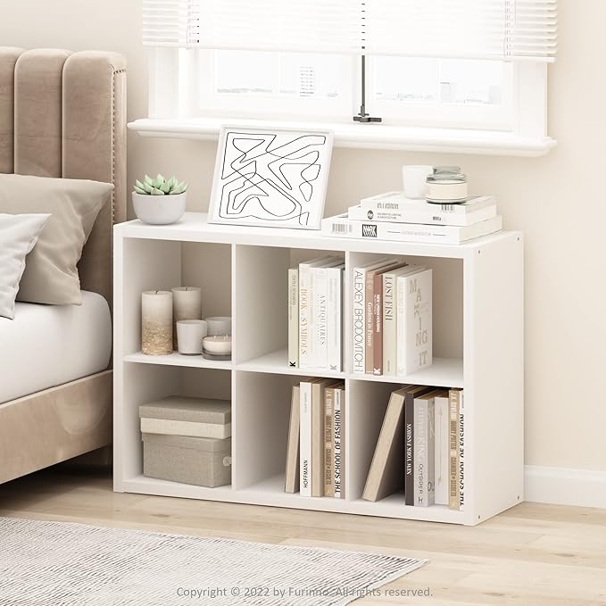 Furinno Cubicle Book Shelf, 6-Cube Bookshelf, Extra Thick Frame Horizontally & Vertically Reversible Bookcase with Open Back, 14.6" x 44" x 30", for Living Room, Bedroom, Home Office, White