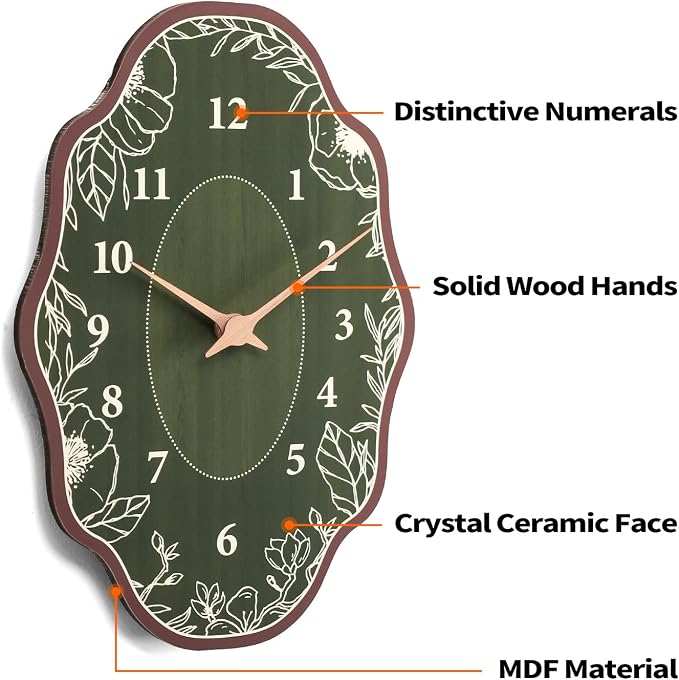 Mid Century Retro Irregular Shape Wall Clock, Silent Non-Ticking Battery Operated, 14 x 9 Inch Vintage Boho Green Art Clock for Living Room, Bedroom, Entryway, Mantel Decor