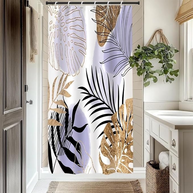 Modern Boho Shower Curtain Purple Gold Palm Leaf Abstract Aesthetic Bathroom Decor Gorgeous Watercolor Botanical Theme Bohemian Bath Curtains Washable Waterproof Polyester Fabric with Hooks 48x72 Inch