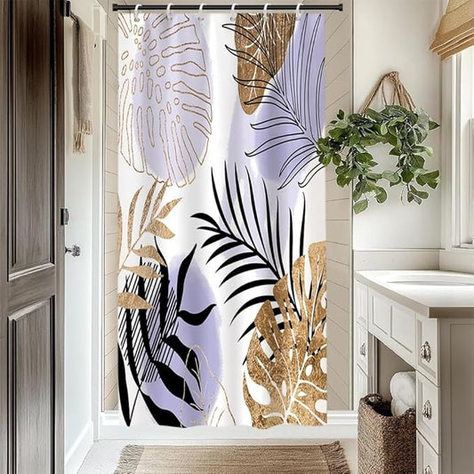 Modern Boho Shower Curtain Purple Gold Palm Leaf Abstract Aesthetic Bathroom Decor Gorgeous Watercolor Botanical Theme Bohemian Bath Curtains Washable Waterproof Polyester Fabric with Hooks 48x72 Inch