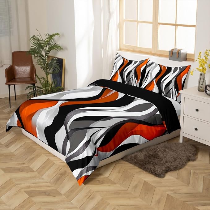 Orange Black Stripes Duvet Cover Set Toddler Size,Abstract Geometric Striped Wave Bedding Set,Boys Girls Room Decor,Modern Fashion Artwork Comforter Cover,Simple Quilt Cover,1 Pillowcase(No Filler)