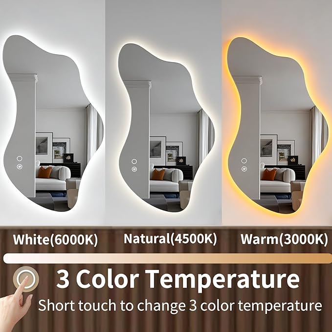 51.2″ Asymmetrical Bathroom Mirror with Lights, LED Irregular Wall Mirror, Abstract Modern Lighted Vanity Mirror for Wall, Anti-Fog, Dimmable, Horizontal/Vertical