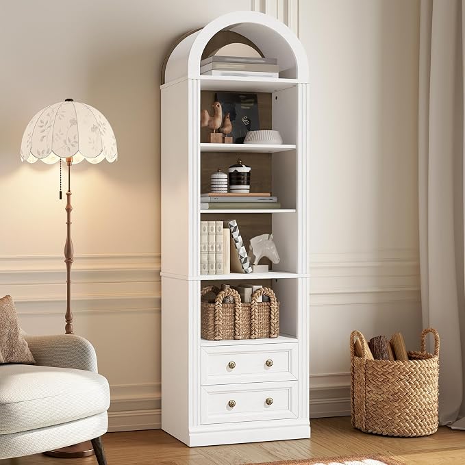 RALGEND Tall Narrow Bookshelf Set of 2, Arched Bookshelf with 2 Drawers, 7-Tier Farmhouse Arch Bookcase, Wooden Book Shelf with Open Display Shelves for Office, Living Room, Walnut and White